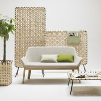 Natural woven textures in neutral tones, featuring soft beige, cream, and touches of green accents. Modern aesthetic.