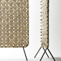 Woven beige and natural tones with black metal legs, featuring a geometric pattern for a stylish look.