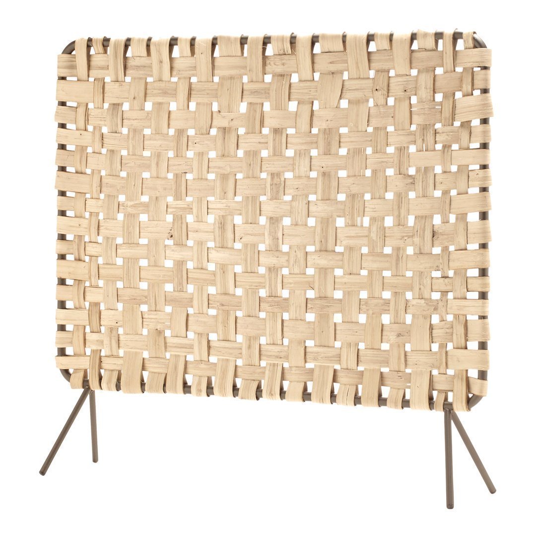 Woven beige screen with a textured pattern and metal legs, ideal for stylish home decor.