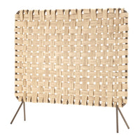Woven beige screen with a textured pattern and metal legs, ideal for stylish home decor.