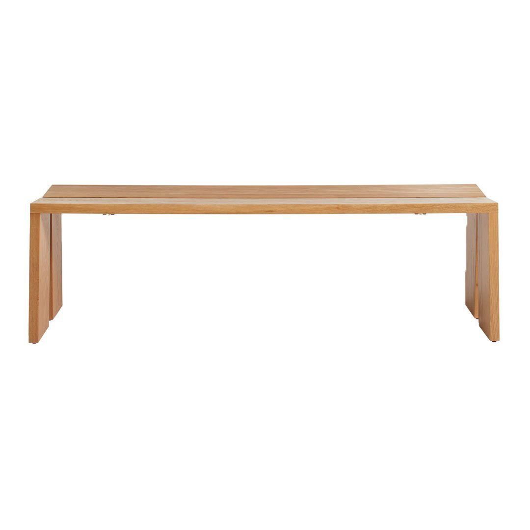 Light natural wood bench with a smooth finish and clean, minimalistic design featuring subtle, linear grain patterns.