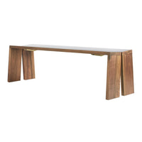 Sleek wooden bench in rich brown tones with a smooth, minimalist design and subtle grain patterns.