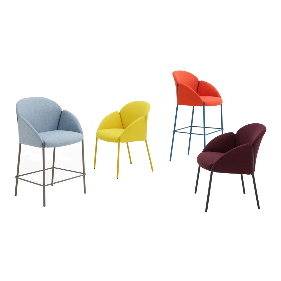 Colorful modern chairs in blue, yellow, orange, and burgundy with a sleek design and minimalist patterns.