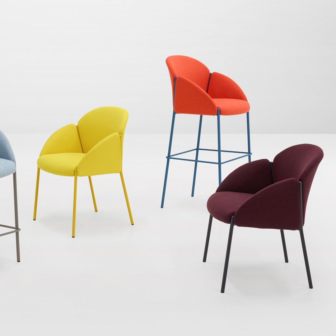 Colorful modern chairs in blue, yellow, orange, and burgundy with various patterns and sleek designs.