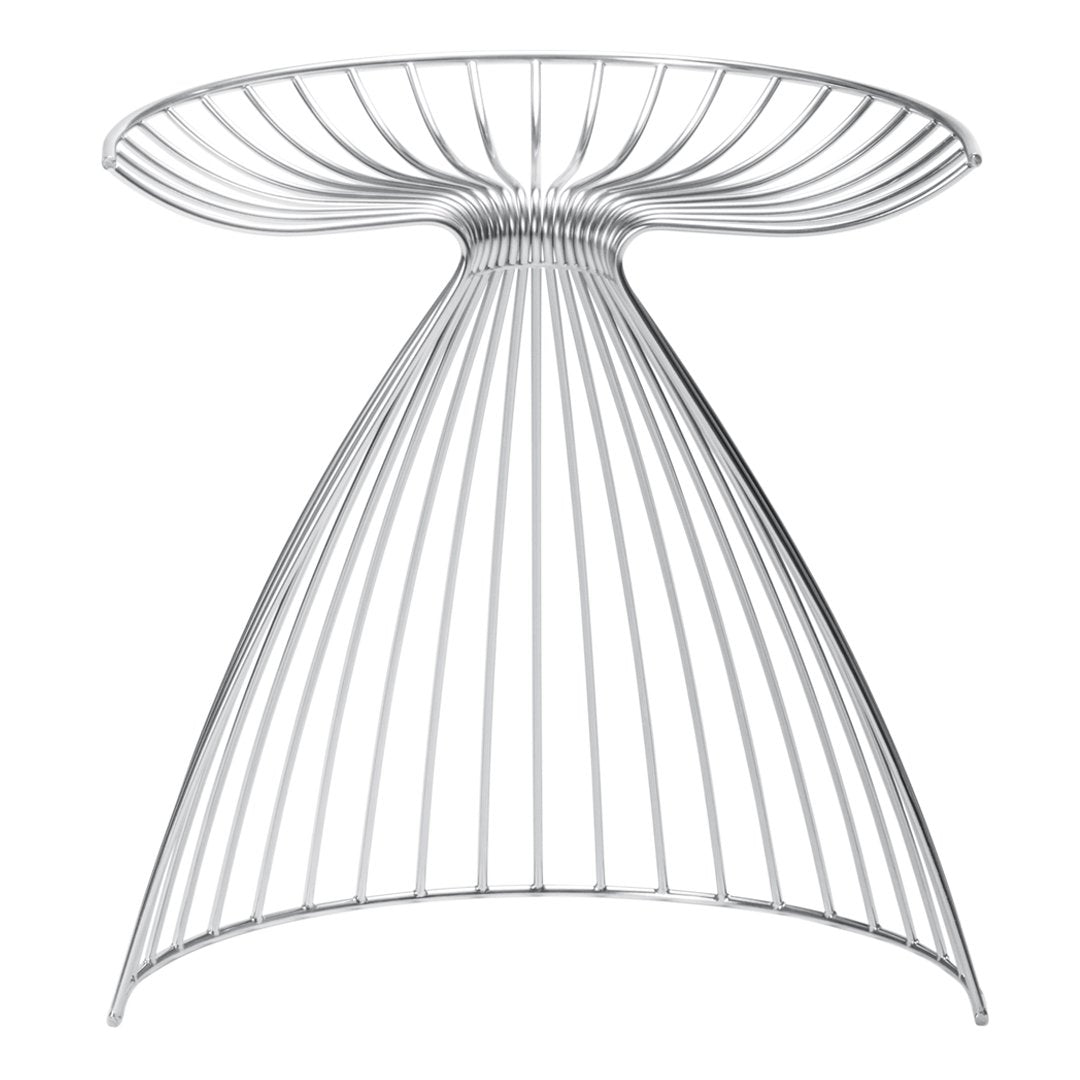 "Minimalist silver wire table with an elegant hourglass silhouette and sleek vertical lines."