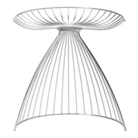 "Minimalist silver wire table with an elegant hourglass silhouette and sleek vertical lines."