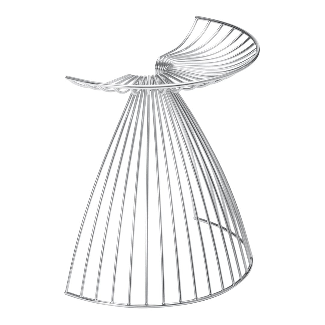 Sleek silver wire stool with a modern, curved design, featuring bold, open patterns for a contemporary look.