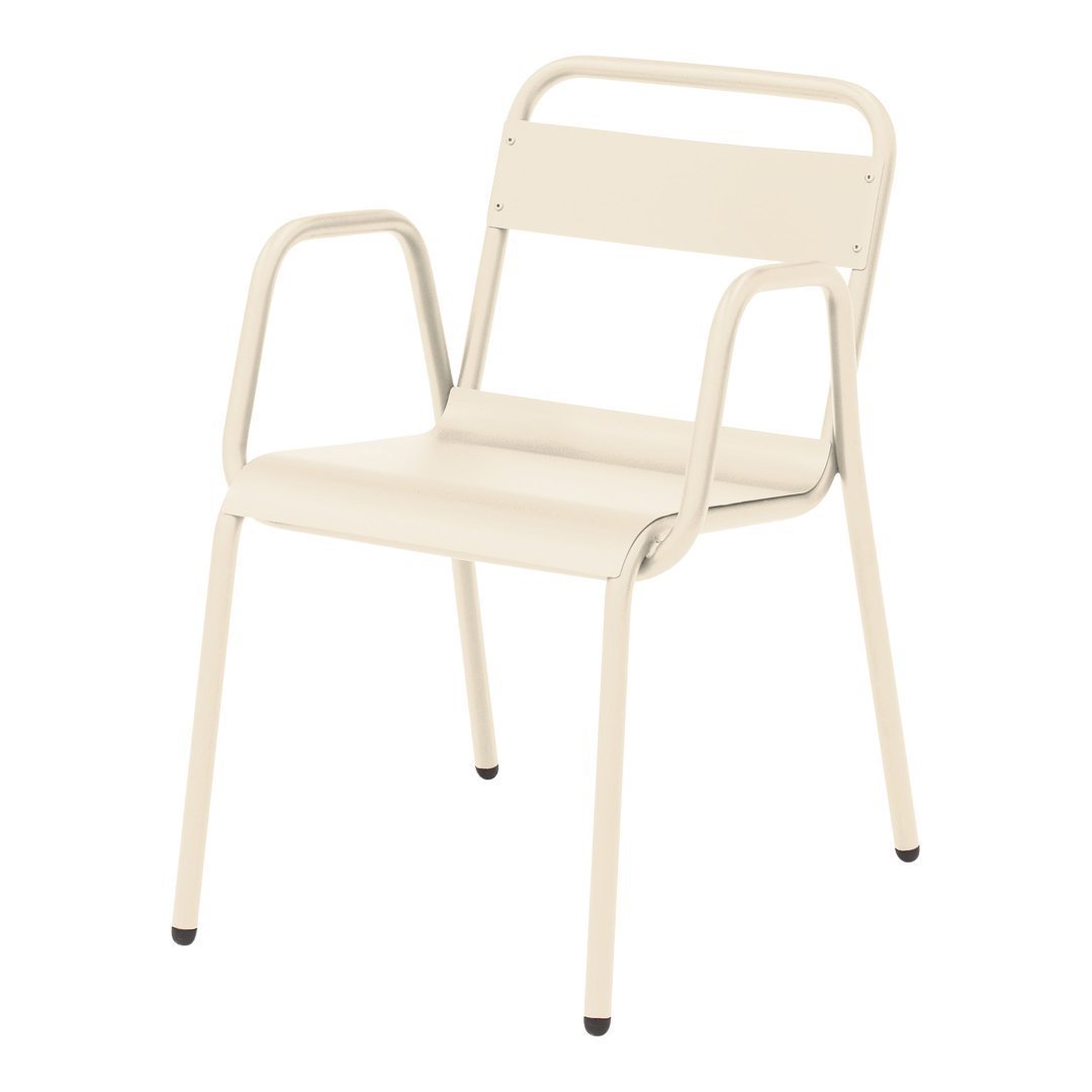Cream-colored metal chair with a minimalist design and smooth finish, featuring simple lines and no visible patterns.