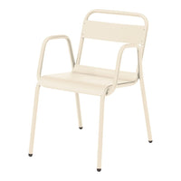 Cream-colored metal chair with a minimalist design and smooth finish, featuring simple lines and no visible patterns.