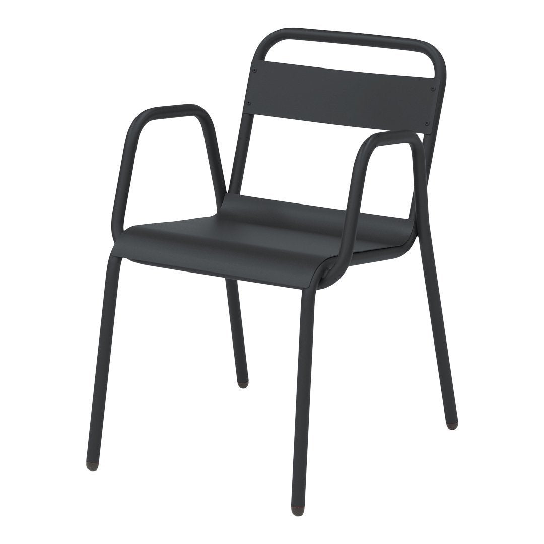 Black metal chair with a minimalist design, featuring smooth lines and an elegant matte finish.