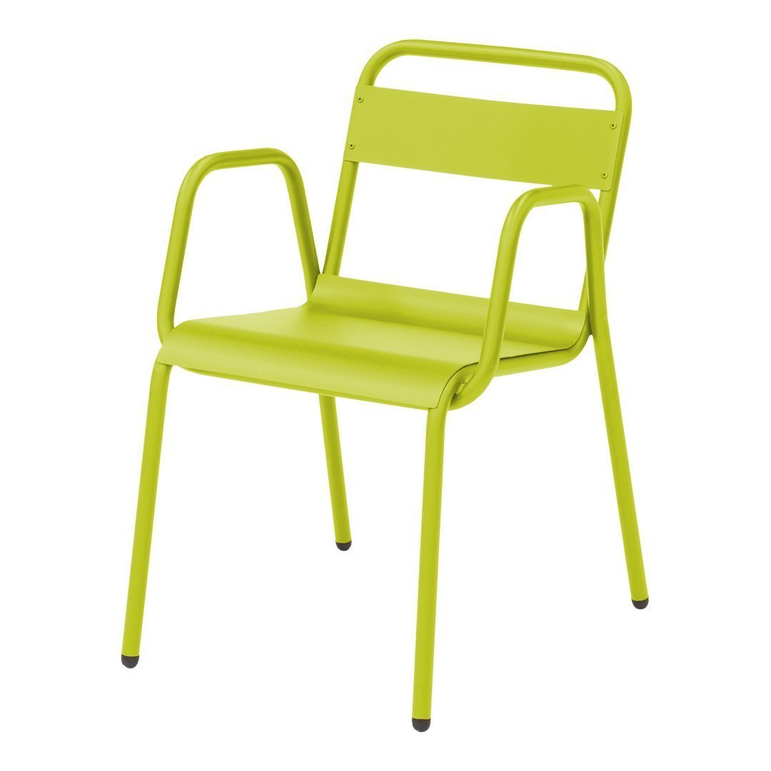 Vibrant lime green metal chair with simple, sleek lines and armrests, perfect for modern decor.