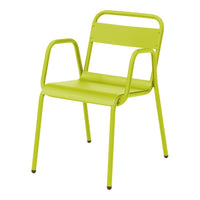Vibrant lime green metal chair with simple, sleek lines and armrests, perfect for modern decor.