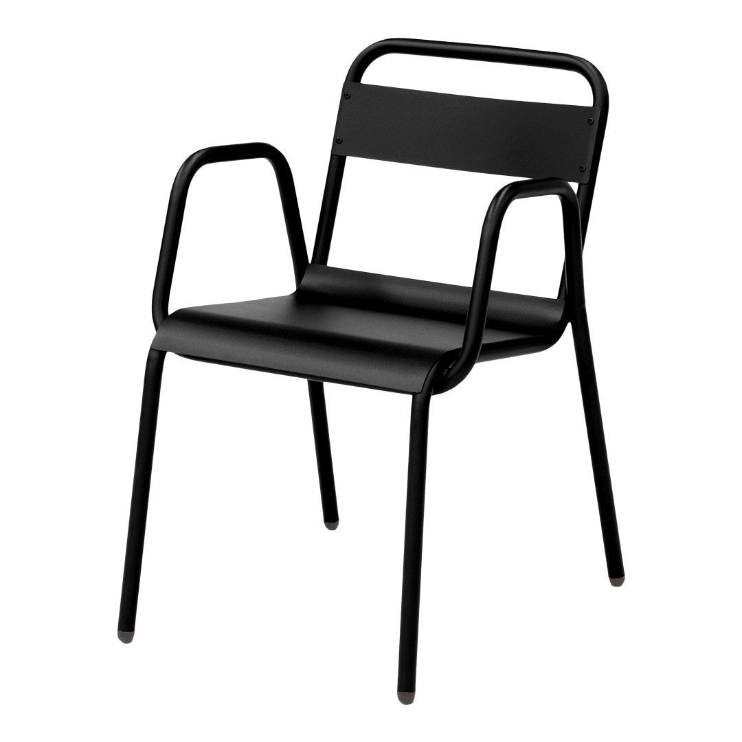 Black metal chair with a minimalist design featuring straight lines and a sleek matte finish. Ideal for modern decor.