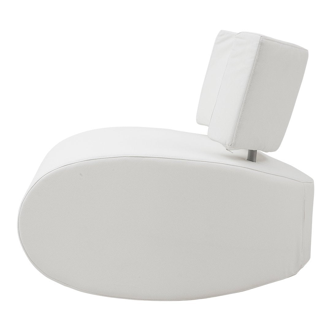 Modern white lounge chair with a sleek, oval design and minimalist profile, featuring a simple, smooth surface.