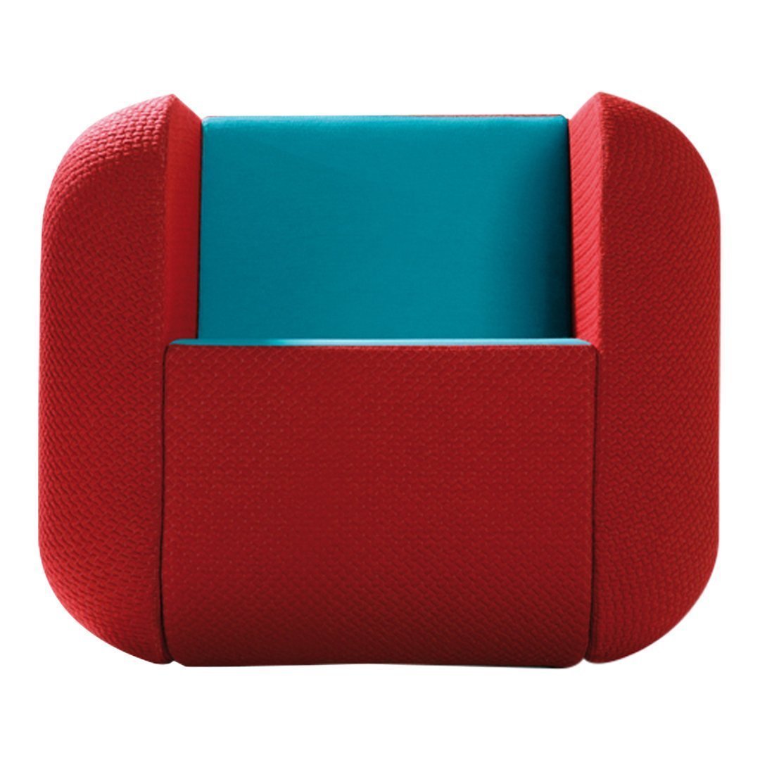 Red and turquoise cushion with a textured pattern and rounded edges, perfect for stylish home decor.