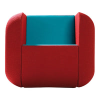 Red and turquoise cushion with a textured pattern and rounded edges, perfect for stylish home decor.