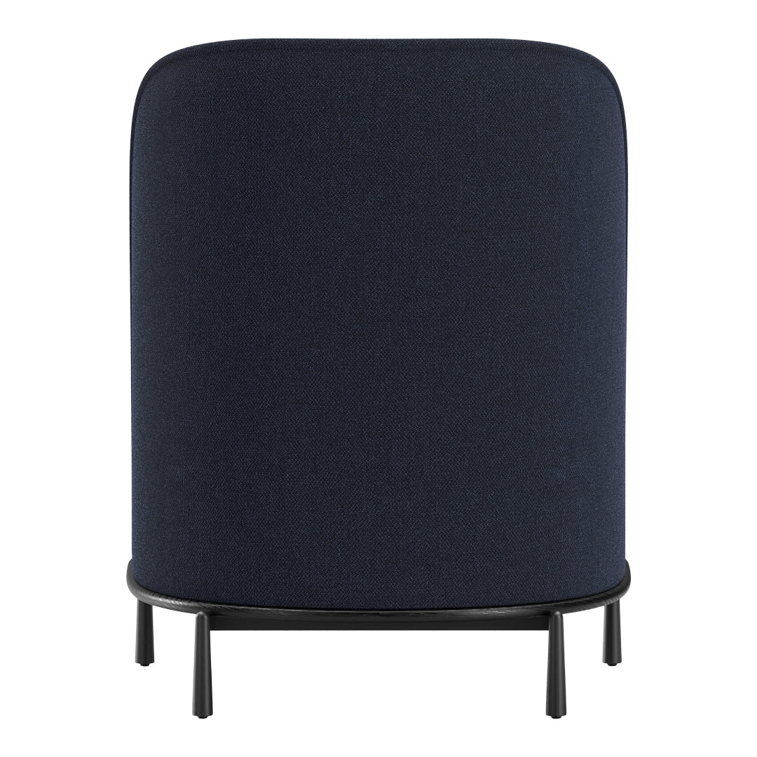 Navy blue upholstered chair with a smooth texture, featuring a rounded back and black metal legs.