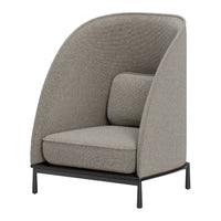 Gray upholstered chair with a smooth texture and curved design, featuring a minimalist black metal frame.