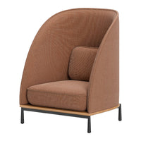 Brown upholstered chair with a modern design and textured fabric, featuring a cushioned seat and backrest.