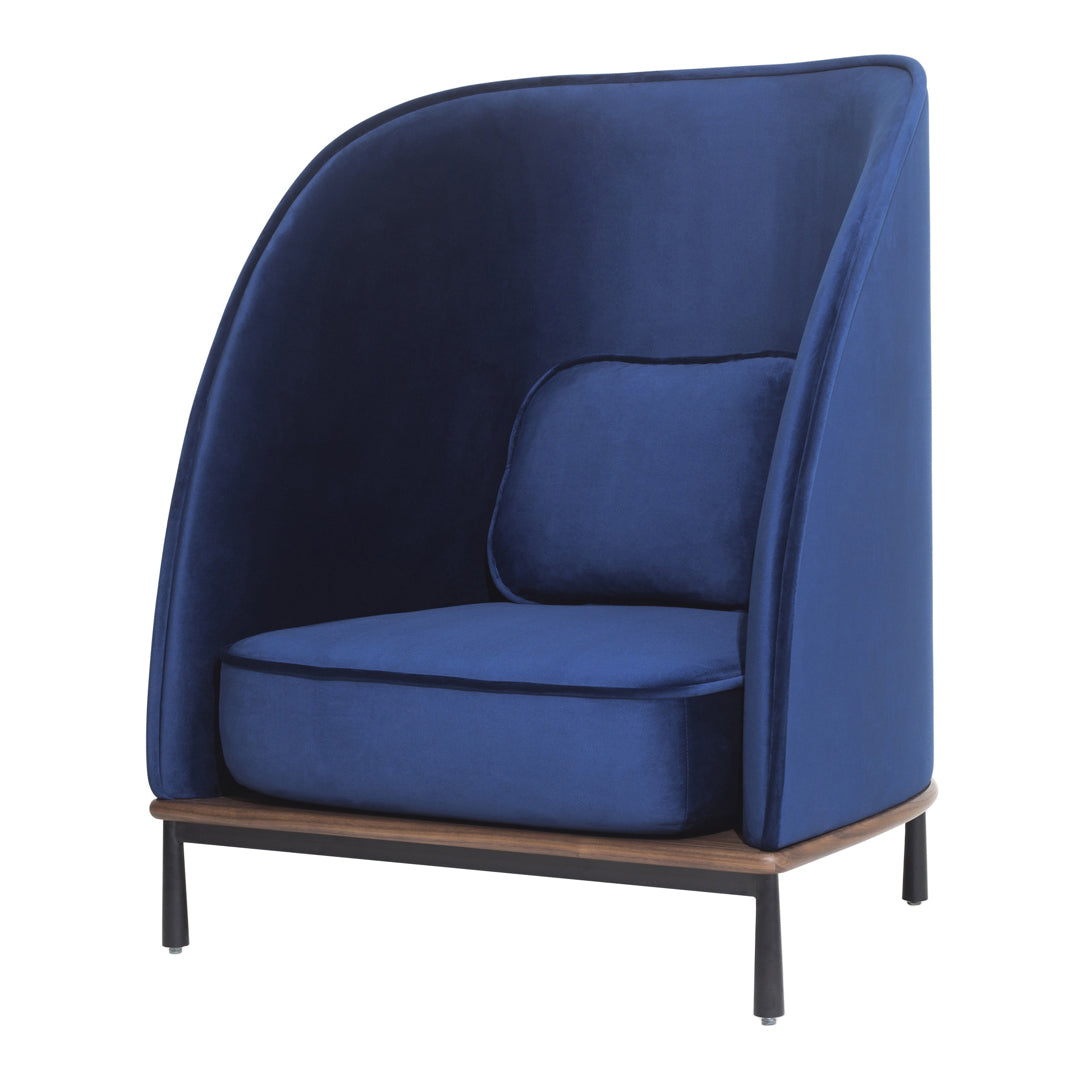 Stylish blue velvet chair with a modern curved design and a contrasting wooden base for contemporary interiors.