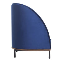 Curved navy blue upholstered accent chair with a sleek walnut base, showcasing a modern design.