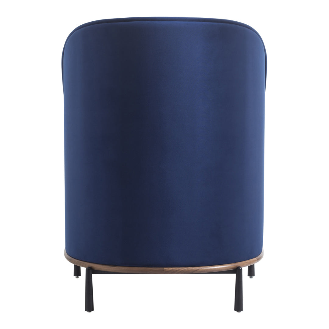 Navy blue upholstered chair with a smooth finish and sleek black legs, featuring a minimalist curved design.