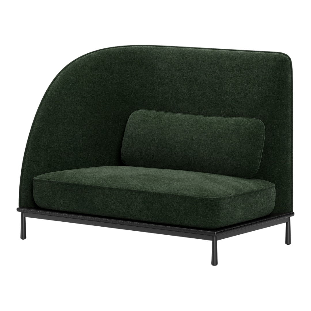 Sleek green velvet sofa with a modern curved design, featuring a matching cushion and black metal frame.