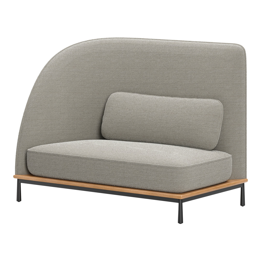 Minimalist gray sofa with a textured fabric pattern and a wooden base, perfect for modern interiors.