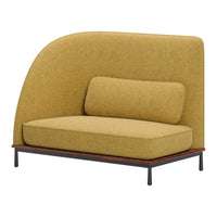 Modern sofa in vibrant mustard yellow upholstery with a textured finish, featuring a minimalist design and sleek black legs.