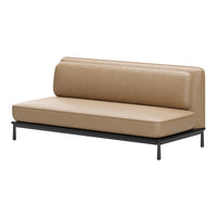 Tan leather sofa with sleek black metal legs, featuring a minimalist design and smooth textures.