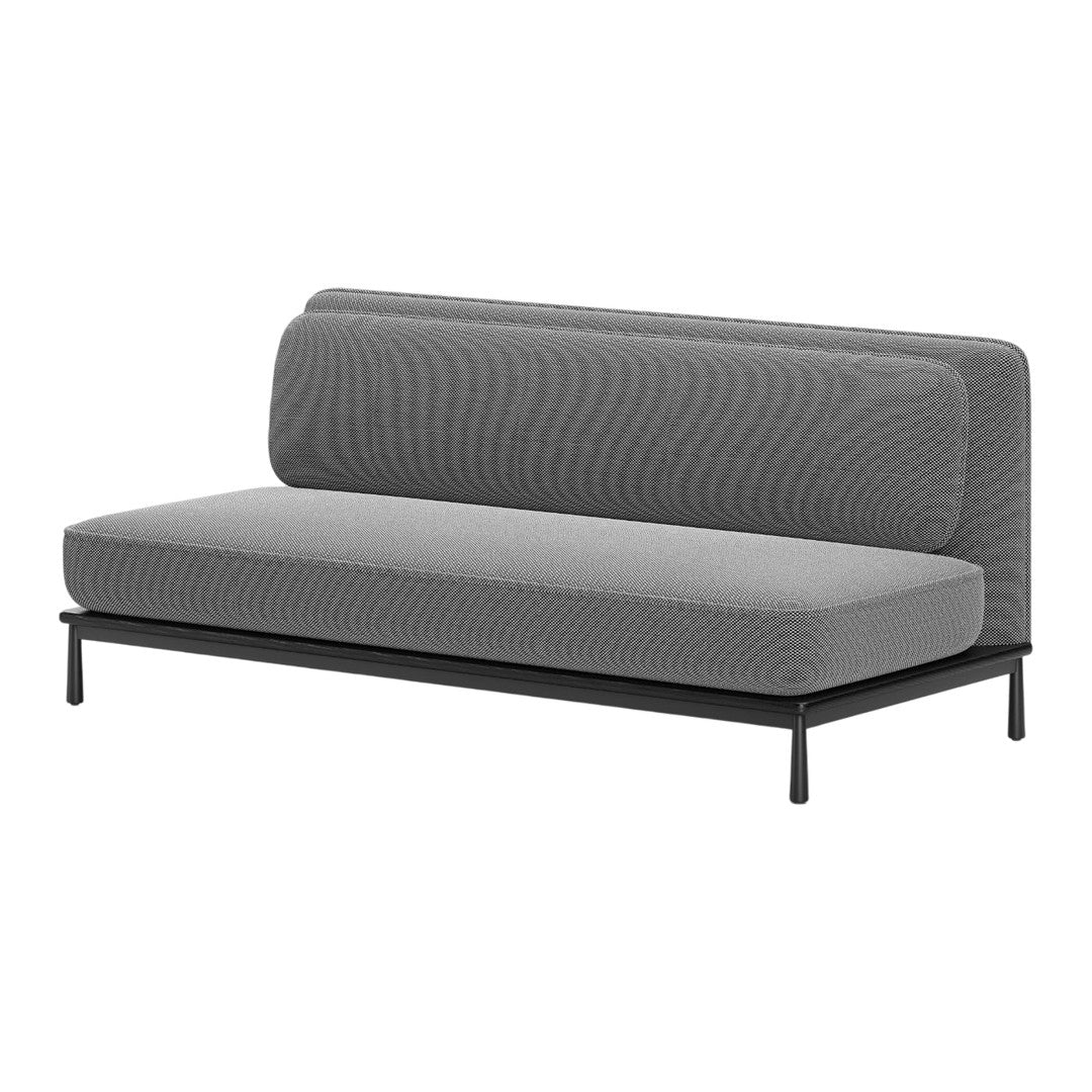 Gray patterned sofa with a modern design and sleek black metal legs, ideal for contemporary living spaces.