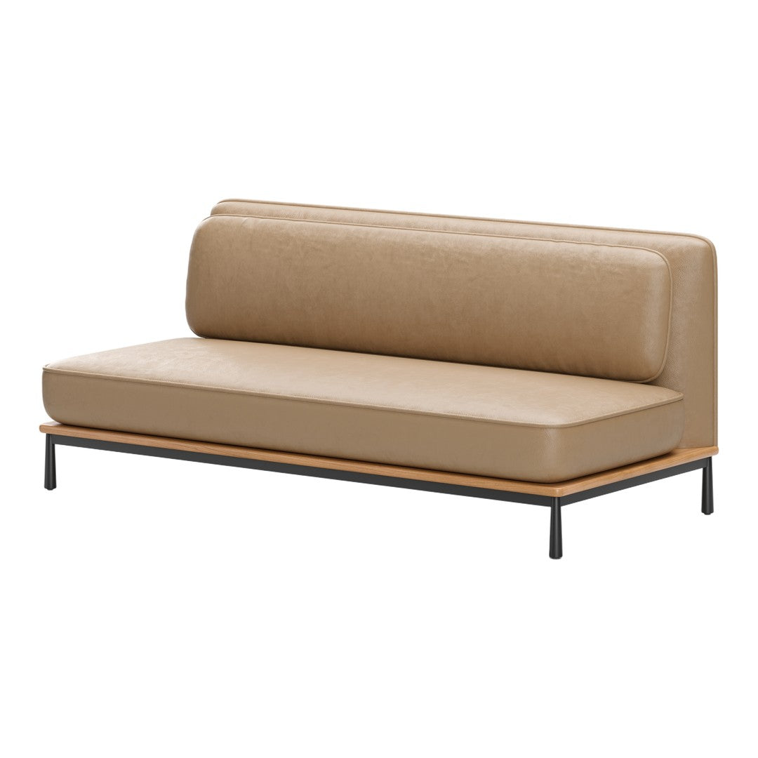 Sleek tan upholstered sofa with a minimalist design, featuring a smooth texture and black metal legs.
