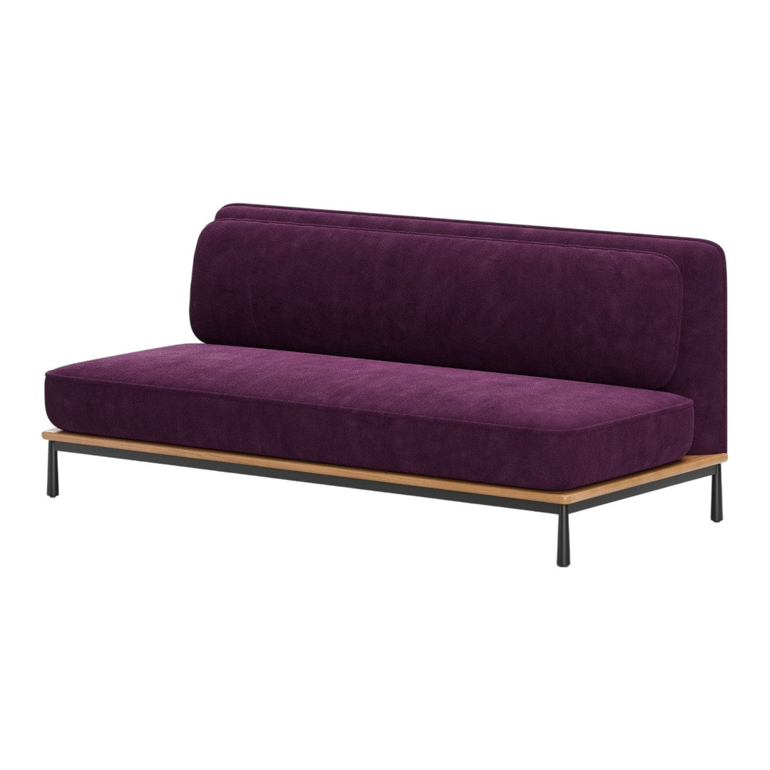 Purple upholstered sofa with a sleek black metal frame and wooden base, featuring a minimalist design.