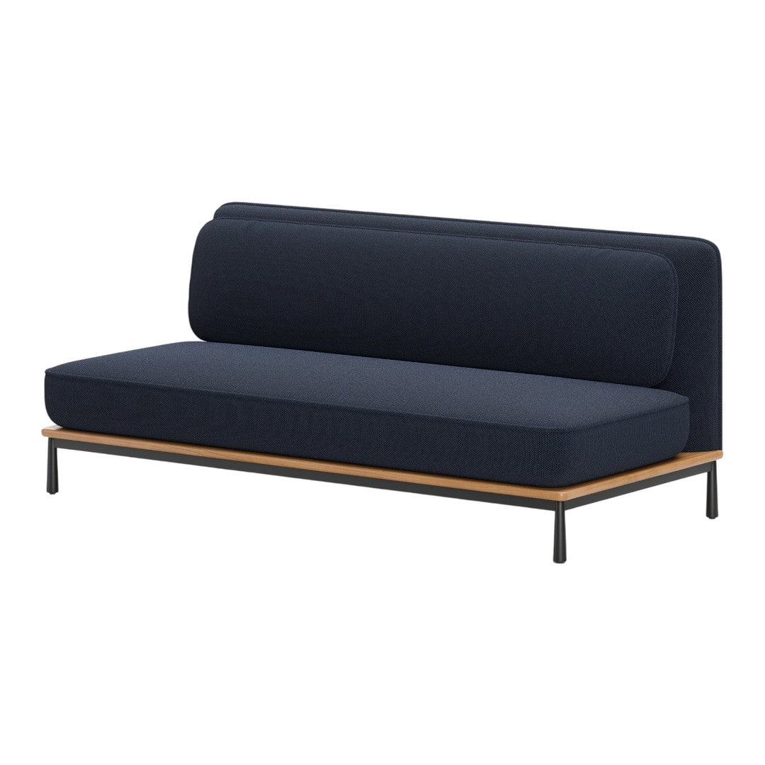 Navy blue upholstered sofa with a sleek wooden base and minimalist black metal legs.