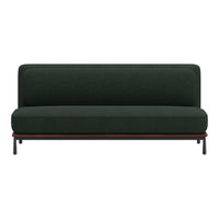 Dark green upholstered sofa with textured fabric and a sleek wooden base, featuring minimalist design and modern style.