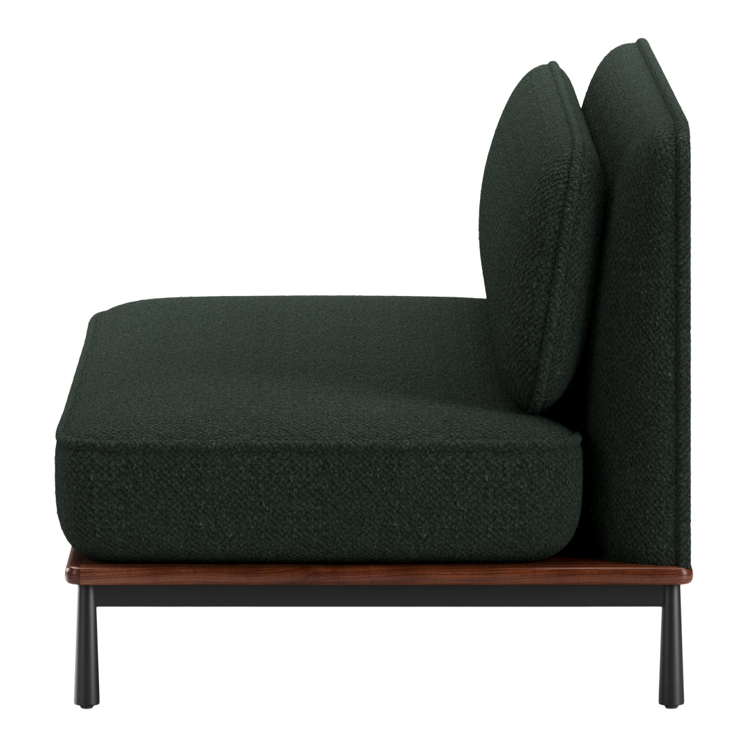 Dark green textured upholstery with simple, modern design and contrasting wooden base. Ideal for contemporary decor.
