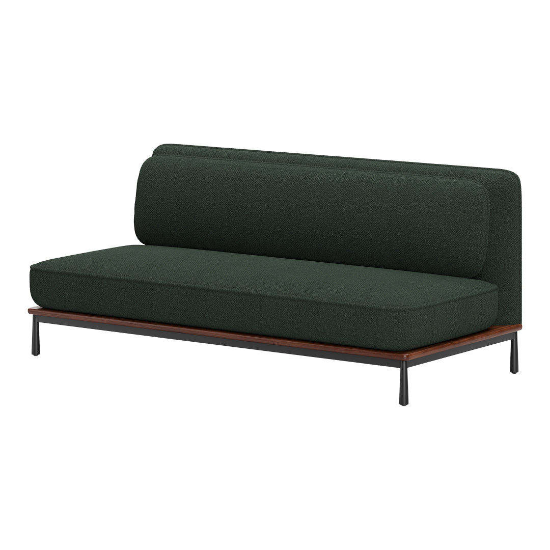 Dark green upholstered sofa with a smooth texture and minimalist design, featuring a sleek wooden base.