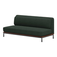 Dark green upholstered sofa with a smooth texture and minimalist design, featuring a sleek wooden base.