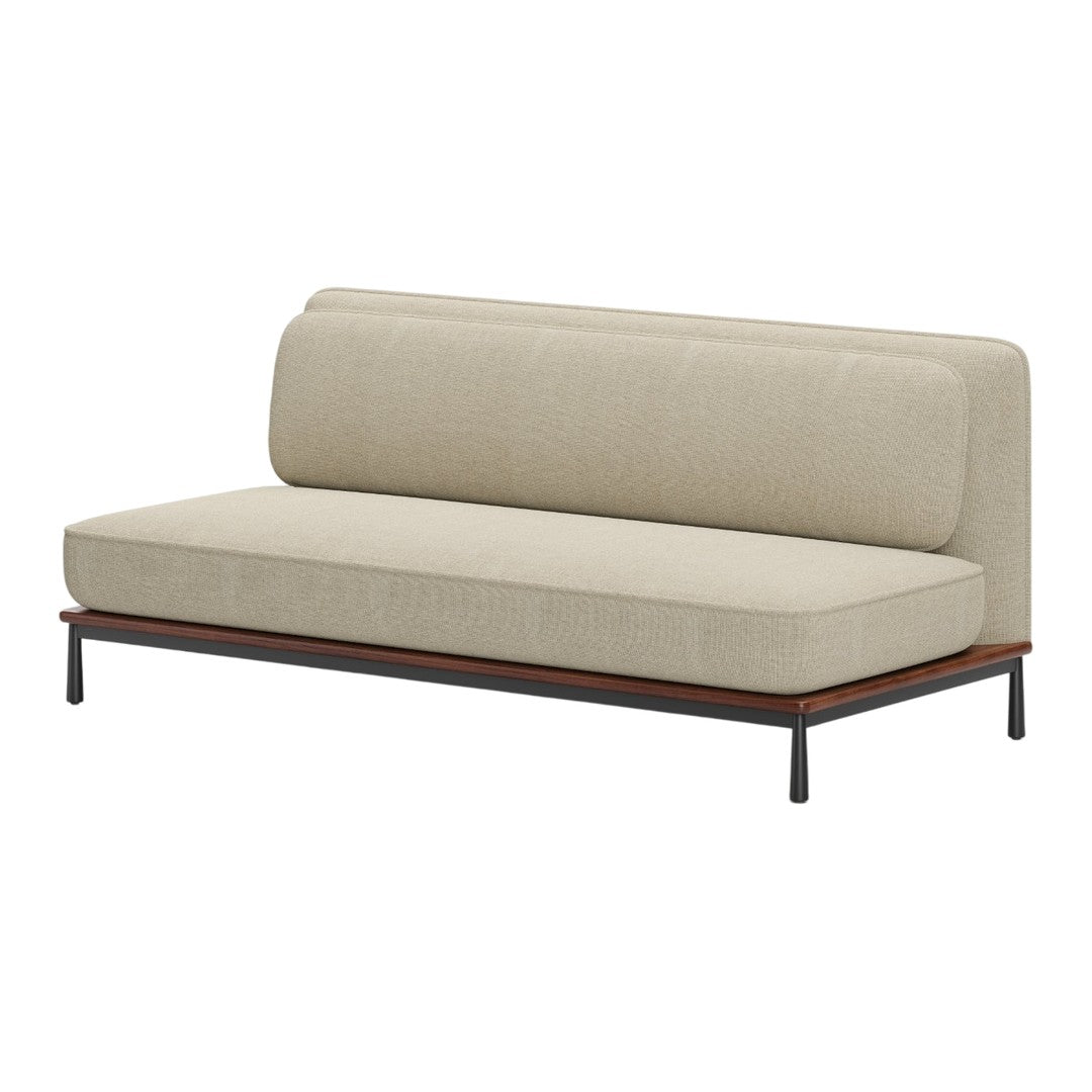 Beige minimalist sofa with subtle texture, featuring a dark wood base and sleek black metal legs.