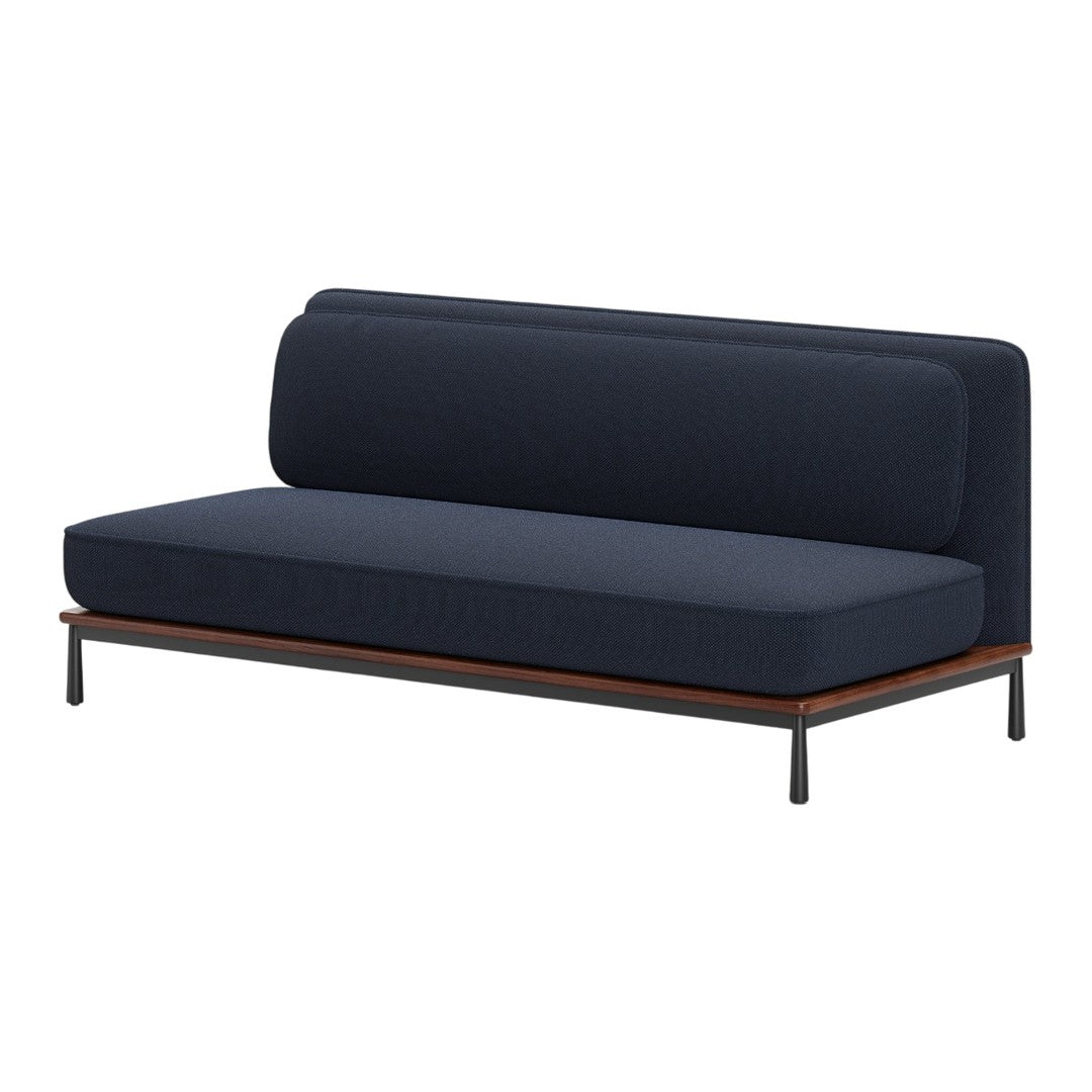 Navy blue upholstered sofa with sleek black legs and rich wood detailing. Modern, minimalist design for any space.