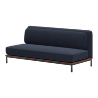 Navy blue upholstered sofa with sleek black legs and rich wood detailing. Modern, minimalist design for any space.
