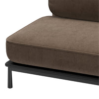 Brown plush upholstery with a subtle texture, complemented by a sleek black metal frame. Perfect for modern decor.