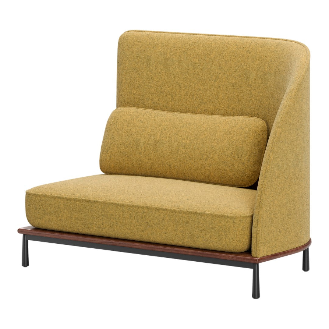 Yellow upholstered chair with a minimalist design and textured fabric. Features a smooth wood base.