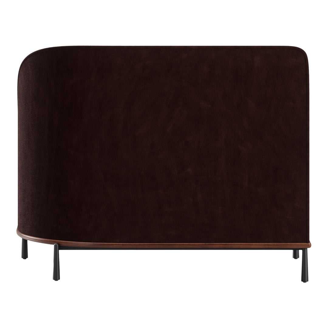 Dark brown suede fabric with smooth texture and rounded edges, complemented by black metal legs.