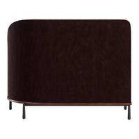 Dark brown suede fabric with smooth texture and rounded edges, complemented by black metal legs.