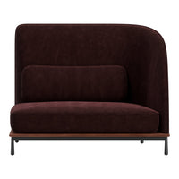 Contemporary burgundy sofa with smooth velvet texture and rounded edges, featuring a sleek black base.