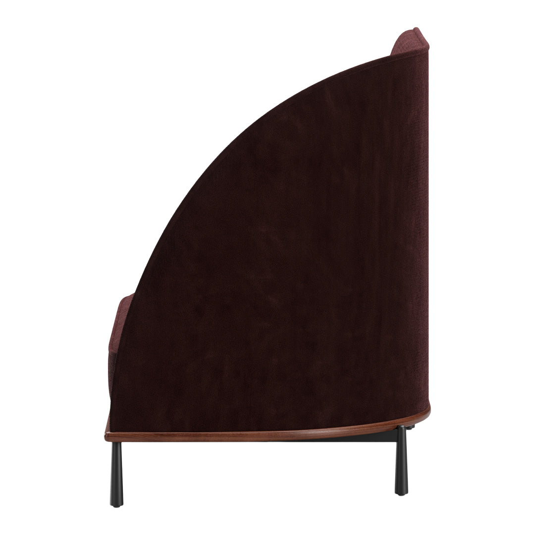 Brown velvet accent chair with curved back and sleek wooden trim. Modern design featuring rich, deep tones.