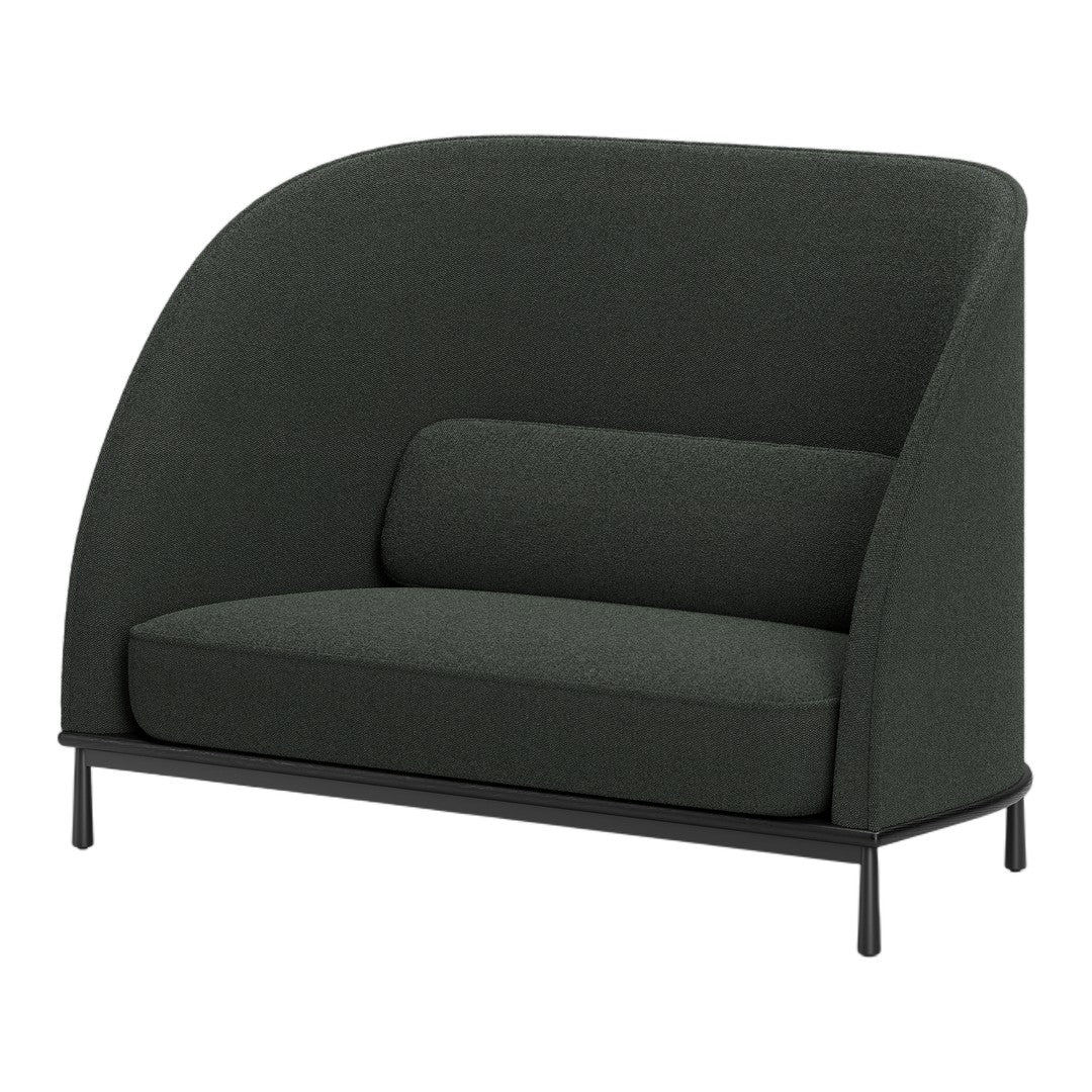Dark green fabric upholstered sofa with a smooth, modern silhouette and black metal legs. Ideal for contemporary interiors.