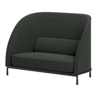 Dark green fabric upholstered sofa with a smooth, modern silhouette and black metal legs. Ideal for contemporary interiors.