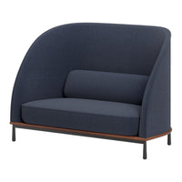 Dark blue fabric sofa with smooth, minimalist design and wooden accents, ideal for modern interiors.